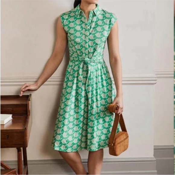 Boden Dresses & Skirts - Boden Tie Waist Jersey Shirt Dress Green Floral Sun Geometric Print 6 Pockets